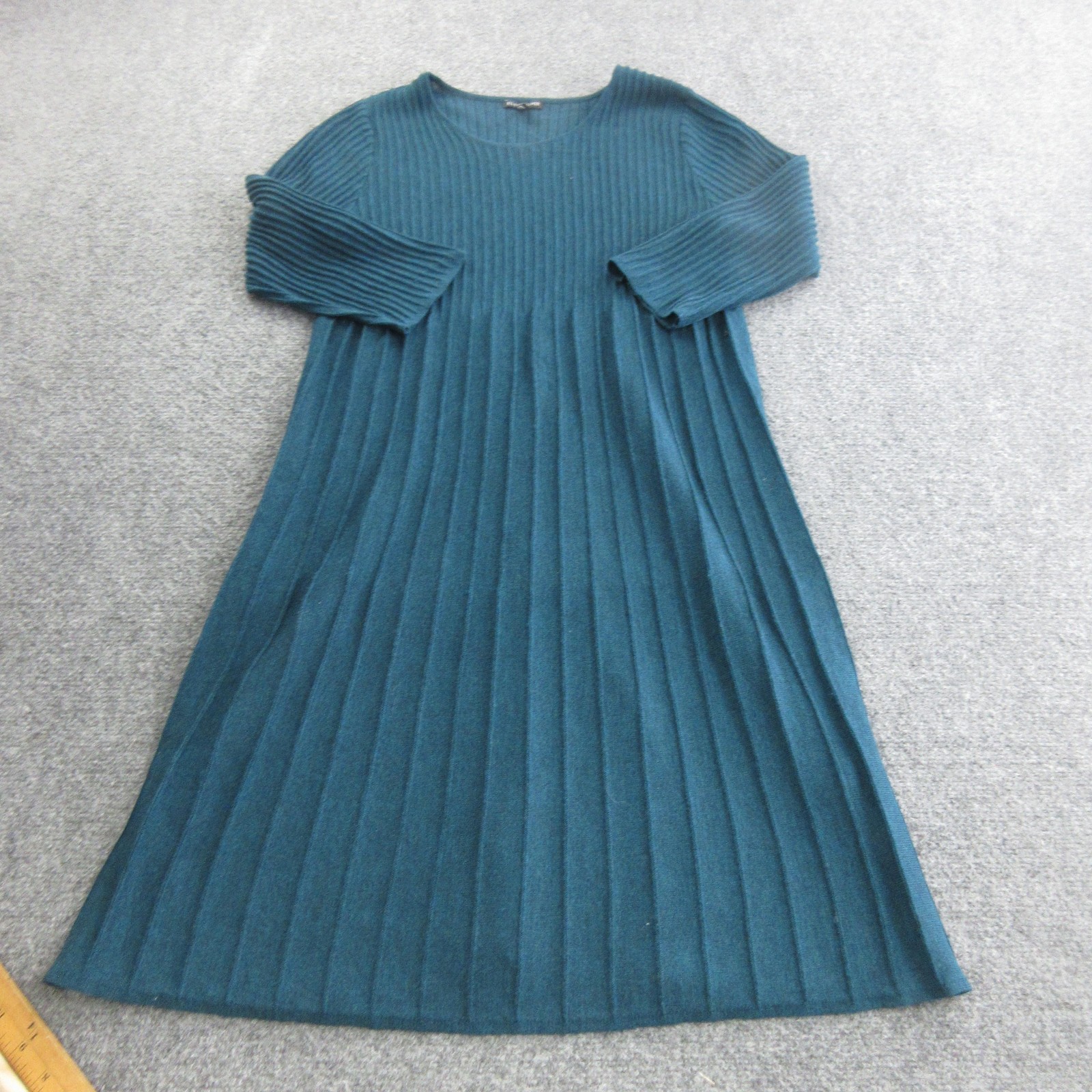 Eileen Fisher Dress Womens M Green Wool Rib Knit Sweater Midi 3/4 Sleeve Swing