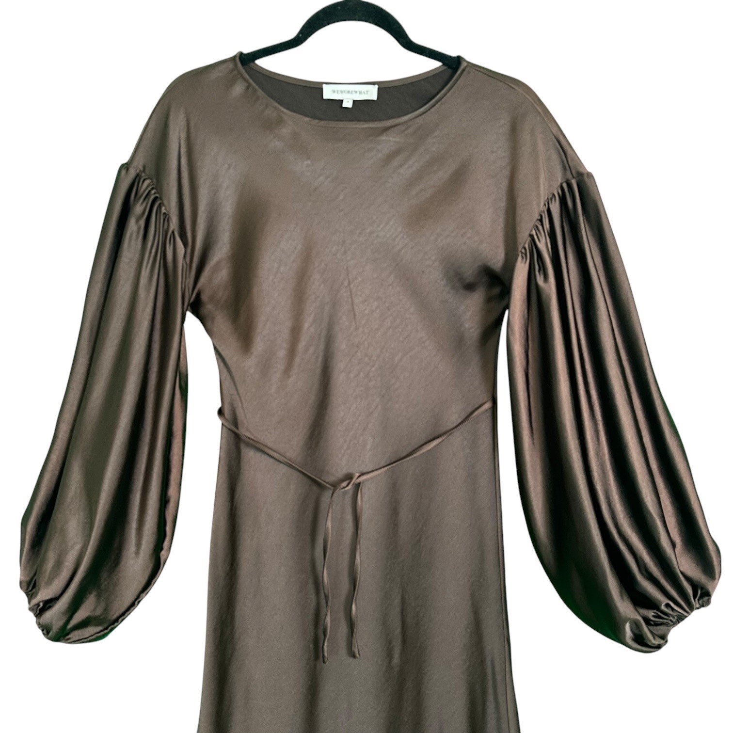 WeWoreWhat Maxi Dress Balloon Sleeve Satin Charmeuse Tie Waist Brown 2 Boho Chic