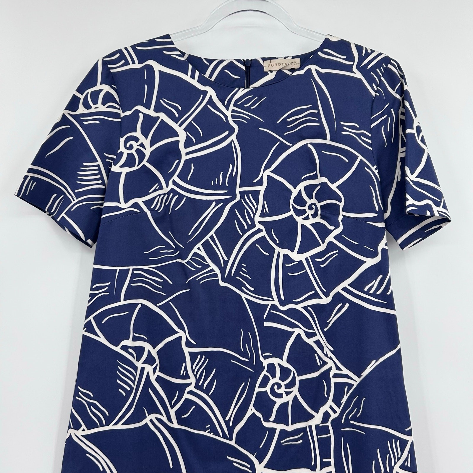 Purotatto Italy Blue Shell Print Shift Dress Short Sleeve EU 42 Coastal Luxury