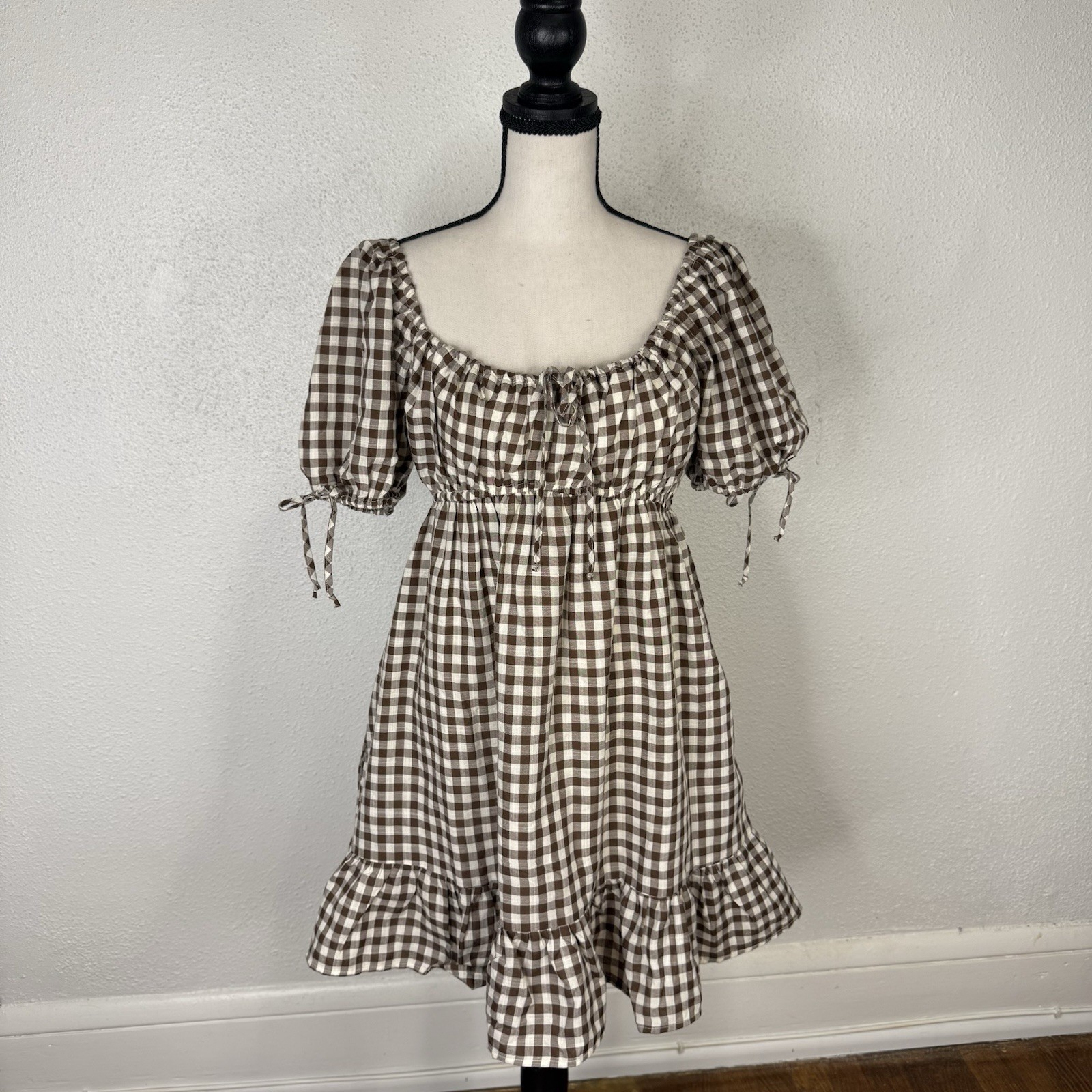 Women’s Short Leave Gingham Summer Casual Dress Size Large Brown And White