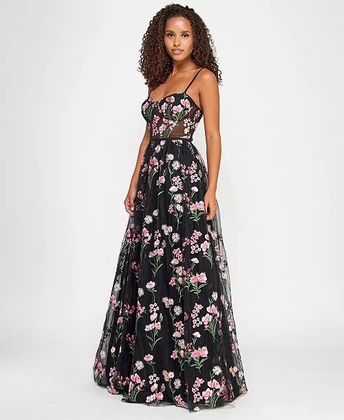 City Studio Juniors 11 Black Floral Tulle A-Line Long Gown Sweetheart Strappy