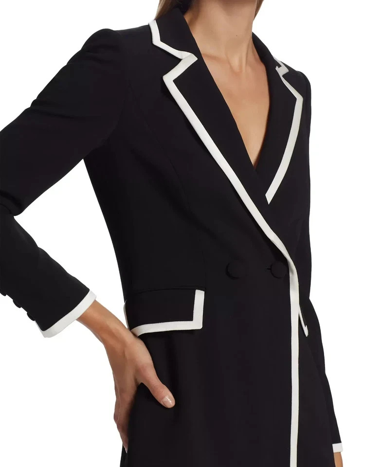 ALICE + OLIVIA KYRIE Pipe Tuxedo Coat Dress 4 Black White TRIM Pockets $495