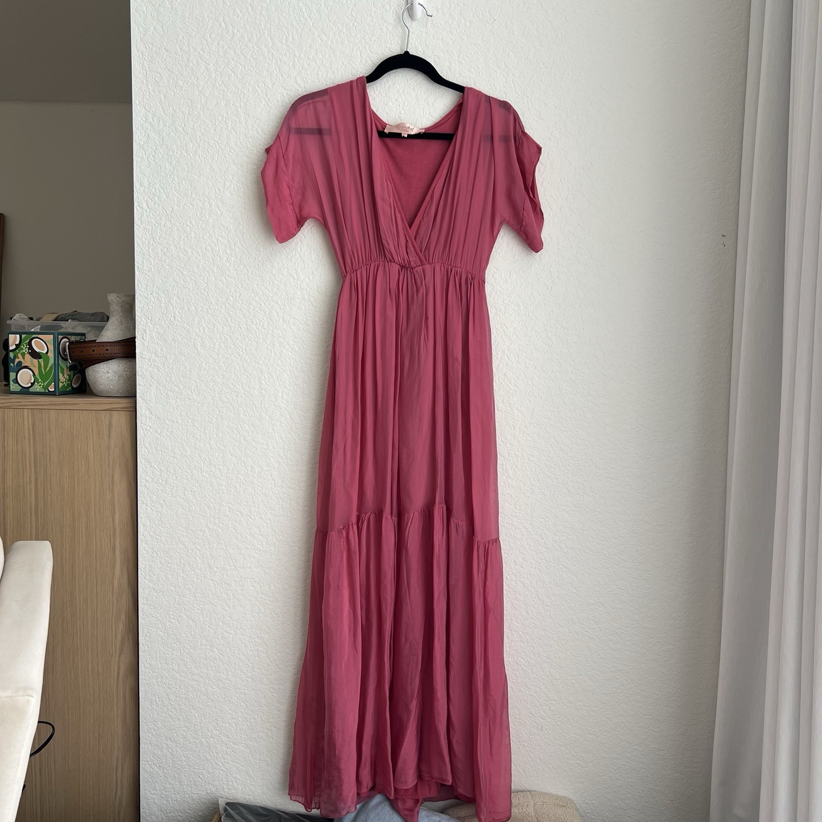 Scandal Made in Italy Pink Solid V-Neck Ruffle Maxi Dress Elastic Waist