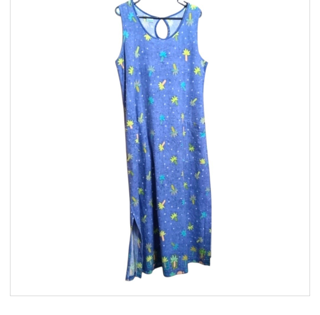 On White XL Purple Pink Green Palm Tree Stars Cotton Knit Maxi Dress