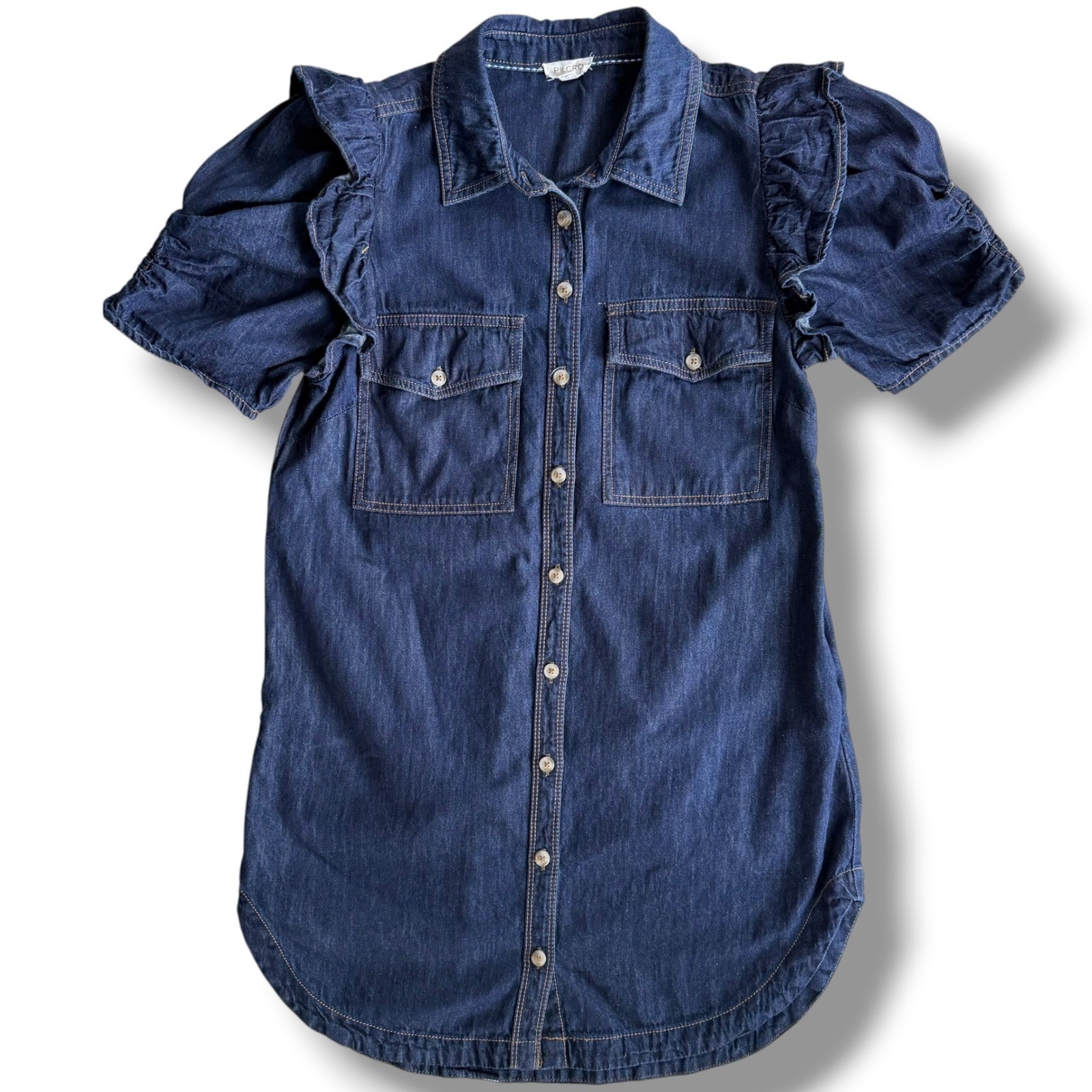 Pilcro Anthropologie S Dark Wash Denim Ozzi Ruffle PuffSleeve Shirtdress Utility