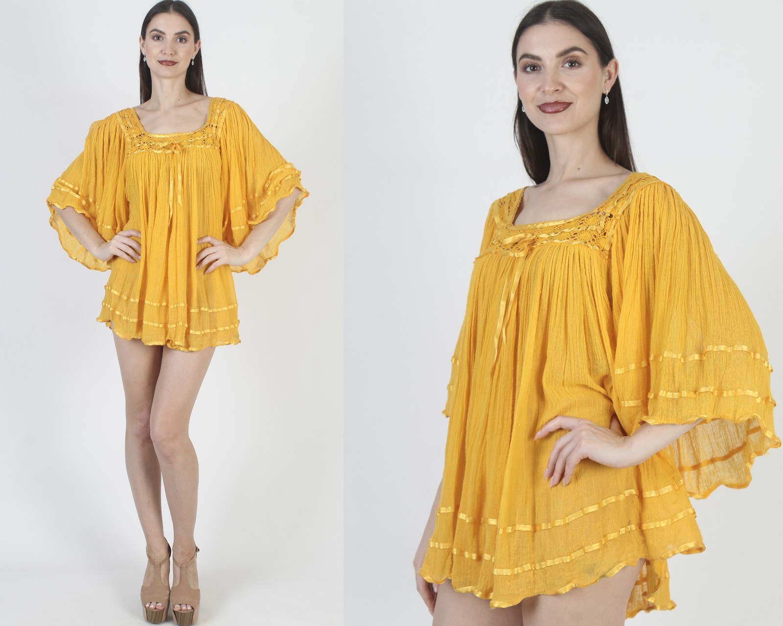 Yellow Mexican Gauze Dress Vtg Cotton Guatemalan Cover Up Kimono Angel Slv Tunic