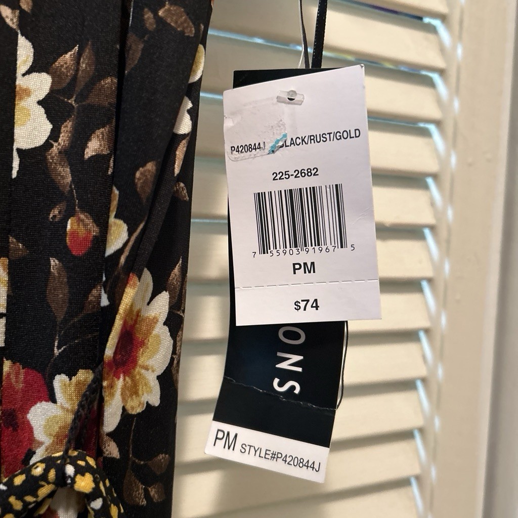Perceptions Petite PM Black Rust Gold Floral Maxi Dress Scoop Neck Ruffle Cap