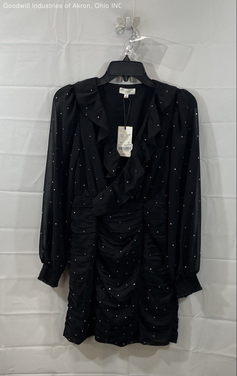 A Loves A Women’s Black Rhinestone Ruched Ruffle V-Neck Mini Dress NWT Sz XS