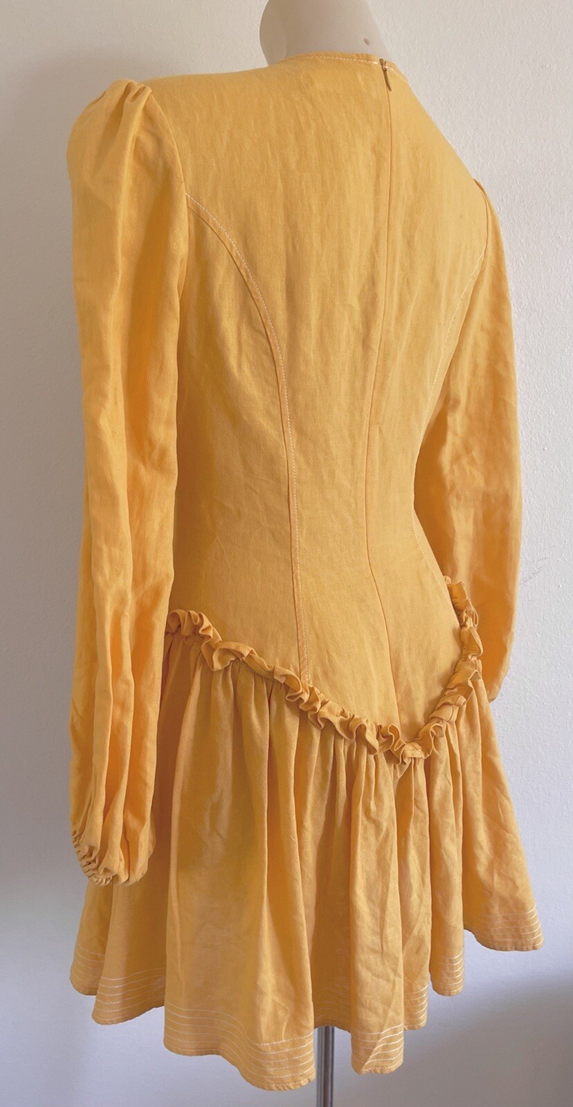 LEO LIN Mini Dress Yellow Pastel Orange Cotton Linen balloon Sleeves SZ AU 10 M