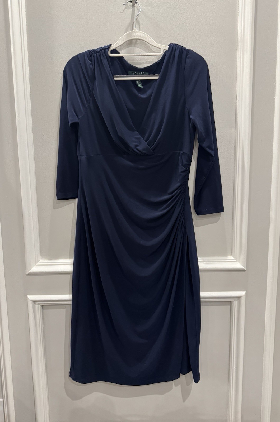 Lauren Ralph Lauren Navy Blue Wrap Ruched Cocktail Sheath Dress Drape Neck 8