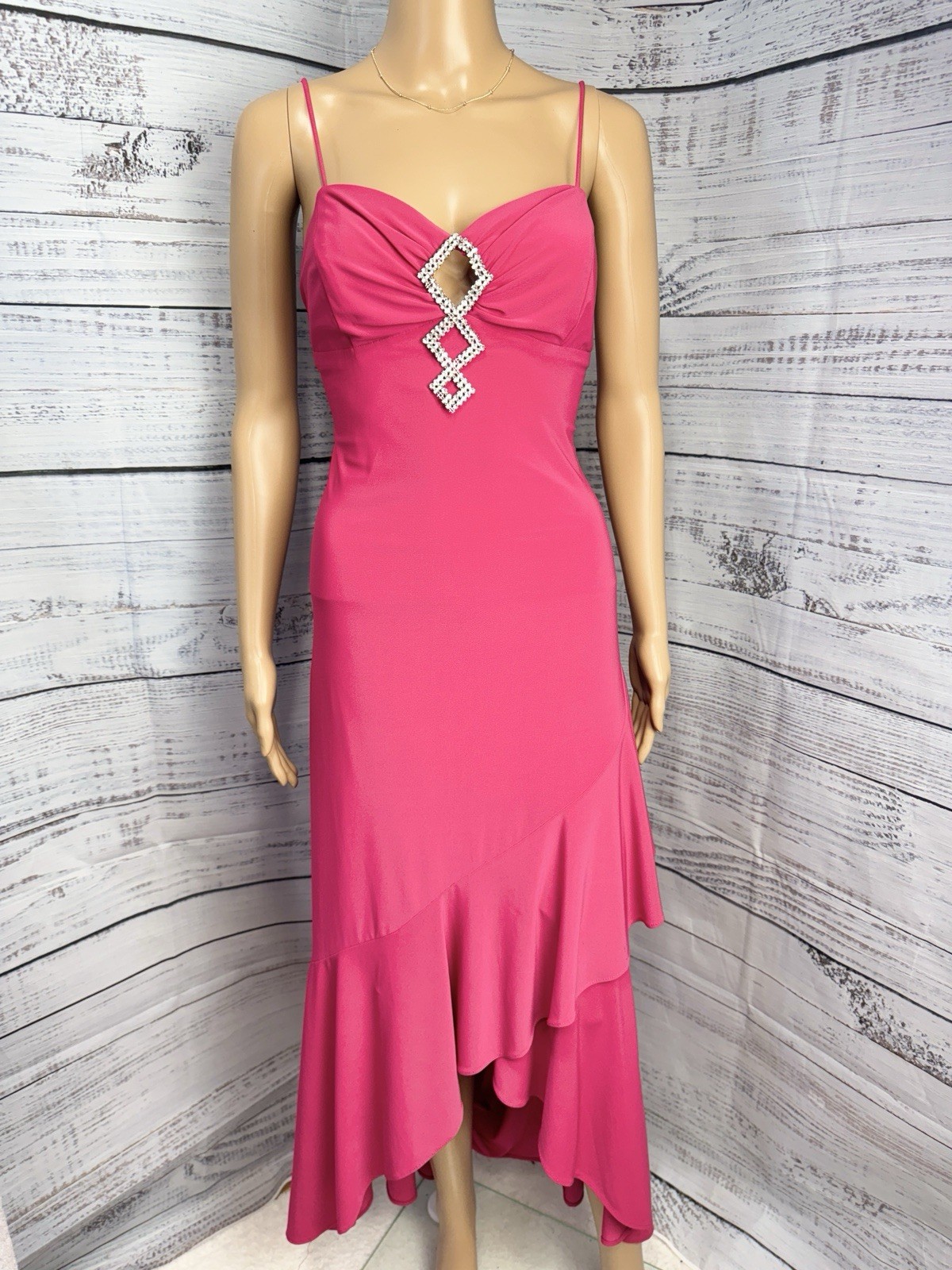 VTG Fiesta M Hot Pink Rhinestone Ruffle Hem Dress Asymmetrical Y2K