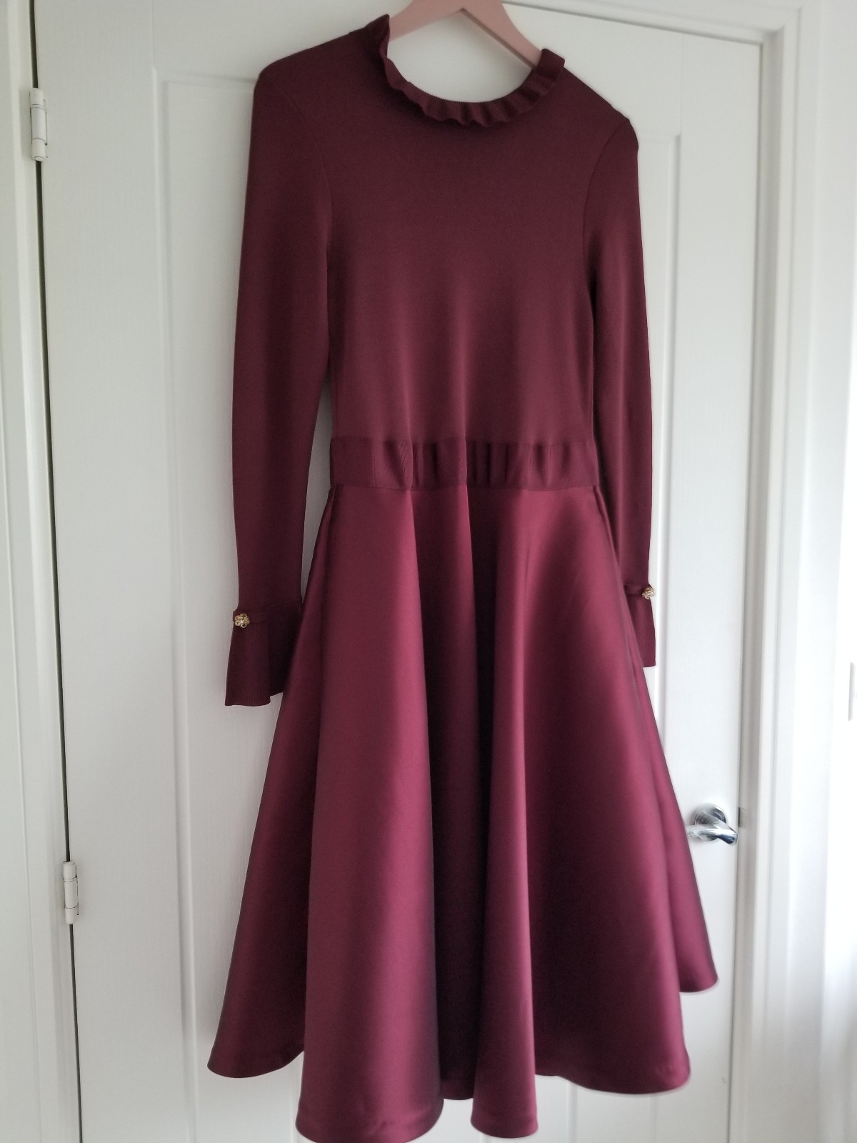 Ted Baker Zadi Midi Dress Knitted Bodice Burgundy Red Long Sleeve Size UK 12 / 3