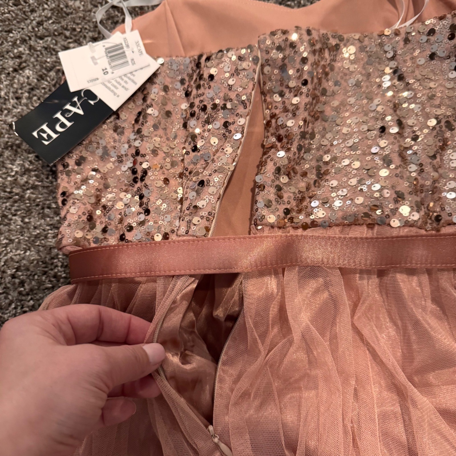Xscape Rose Gold Sequin Tulle Strapless Gown Formal Prom Evening Dress Pink 10