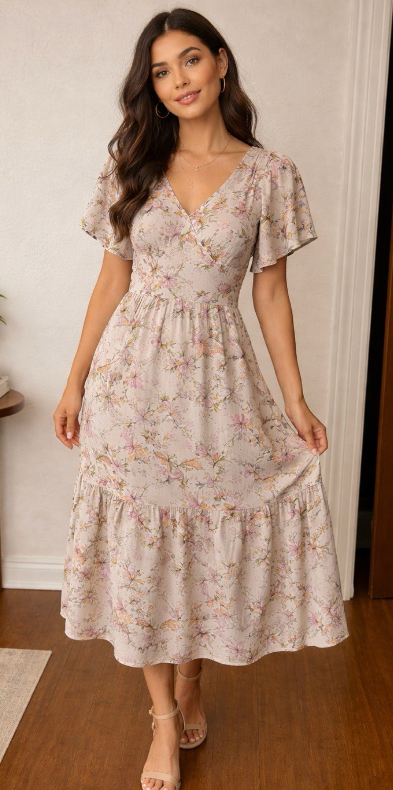 Market & Spruce Summer Spring Dress Floral Women’s Small Beige Pink Boho (F)