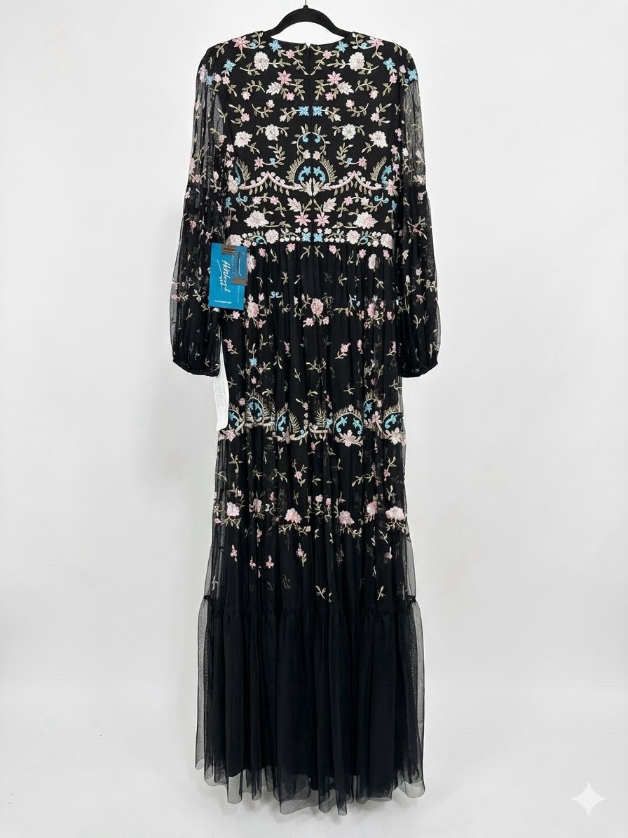 Mac Duggal 35111 Embroidered Floral Gown Black Long Bishop Sleeve Size 8 NWT