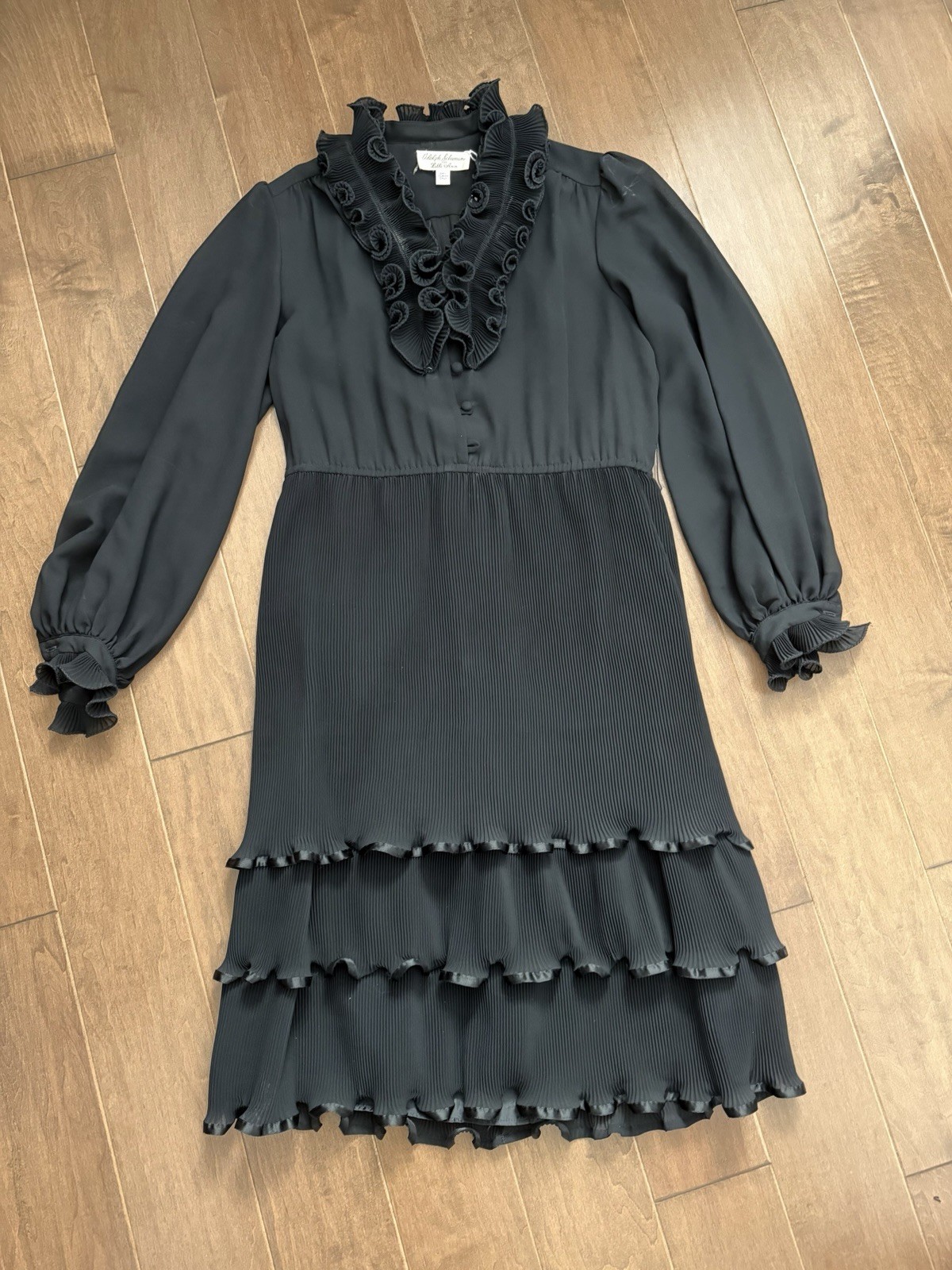 EUC Vintage Adolph Schuman For Lilli Ann Black Ruffle DRESS Sheer Top Women’s L