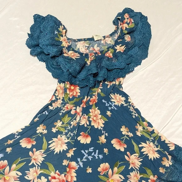 Jaase Tuscan Escape Positano Teal Boho Garden Party Flowy Floral Maxi Dress