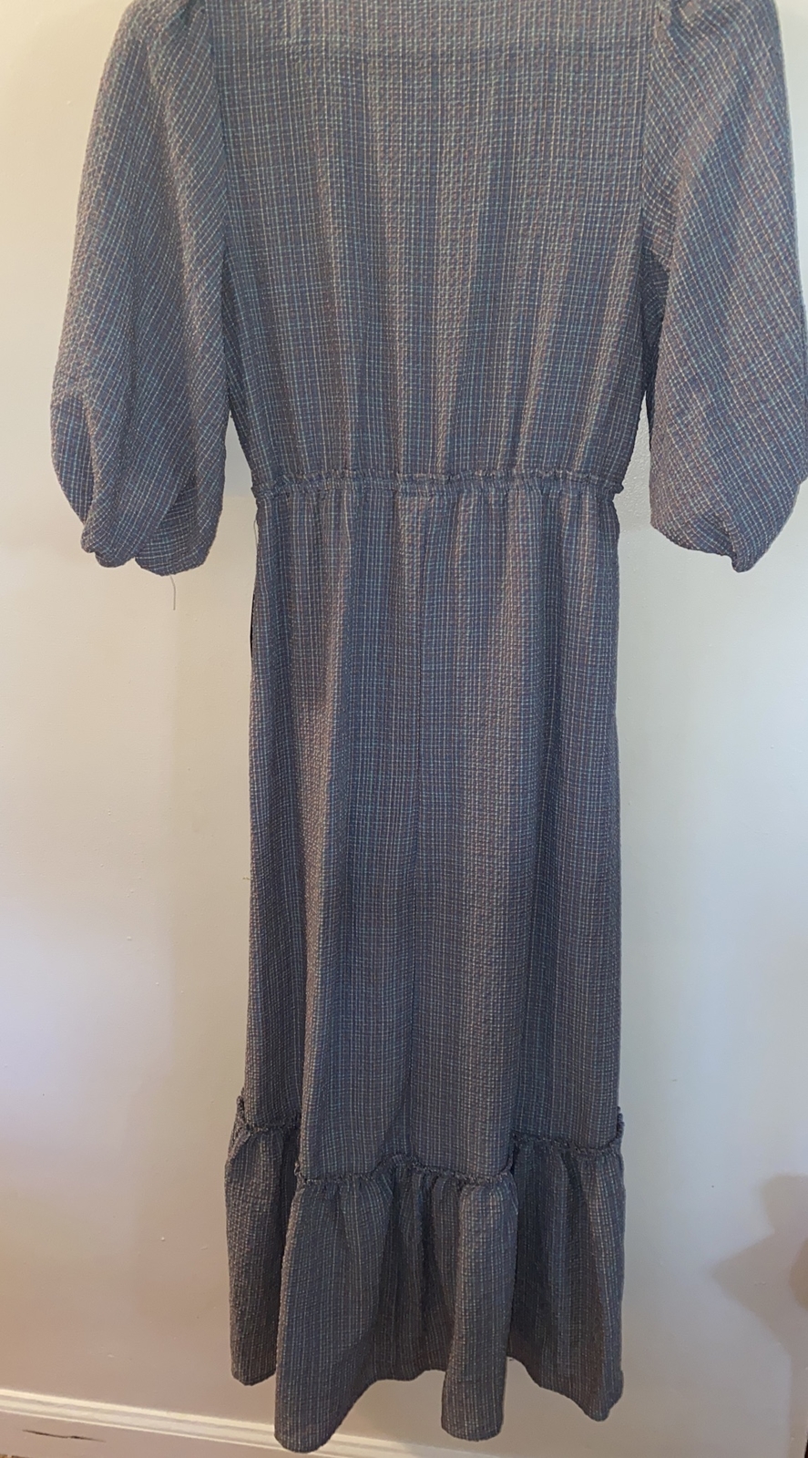 Superfoxx Dress Blue Multicolor Texture Fabric Deep VNeck Hi Low Ruffle Hem