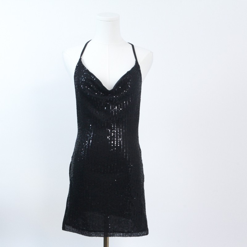 Blush Mark Small Black Sequin Mini Dress Backless Cowl Neck Clubwear Party Spark