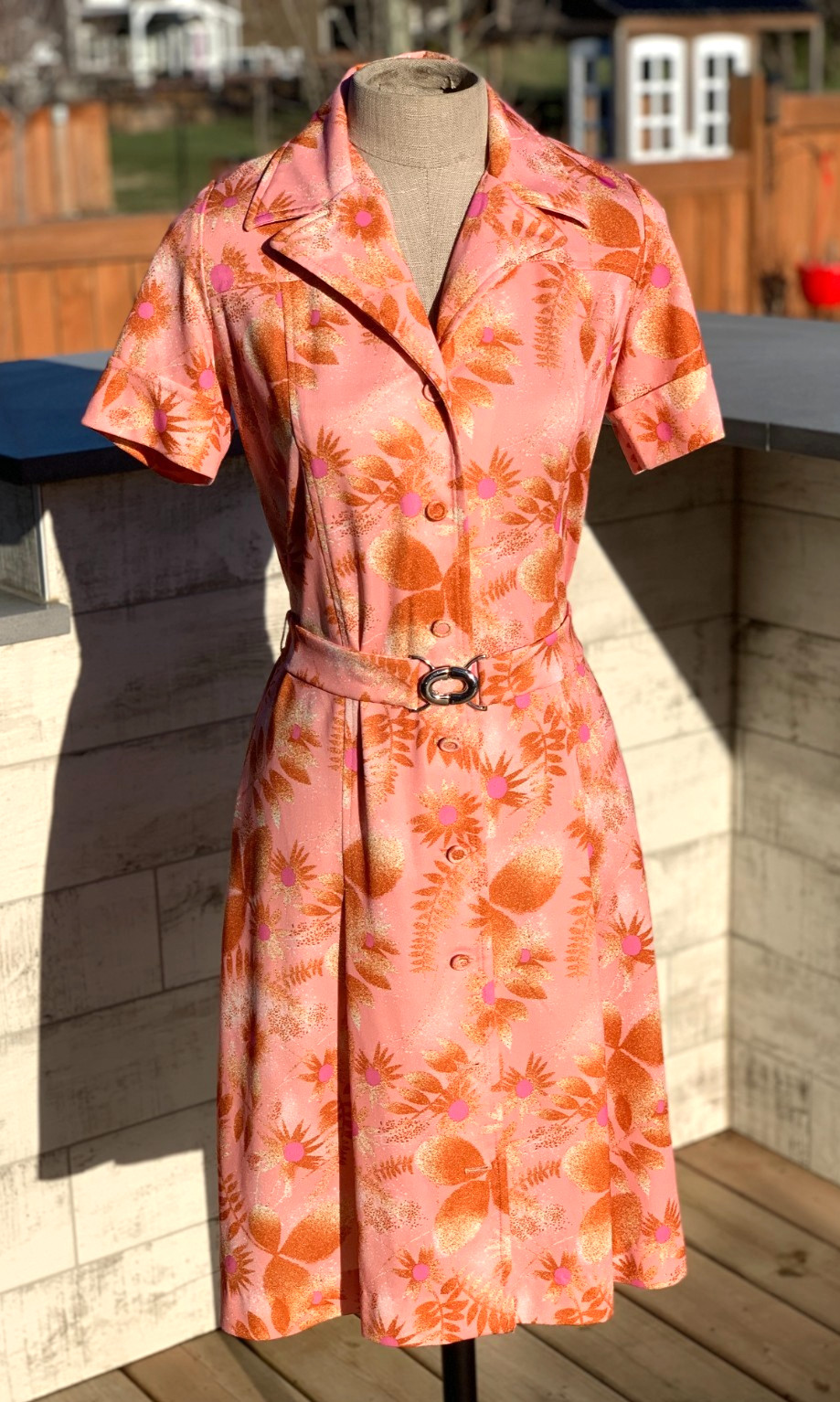 Vintage 60s 70s Shirt Dress S Orange Floral Belted Button Down Collar Union Made