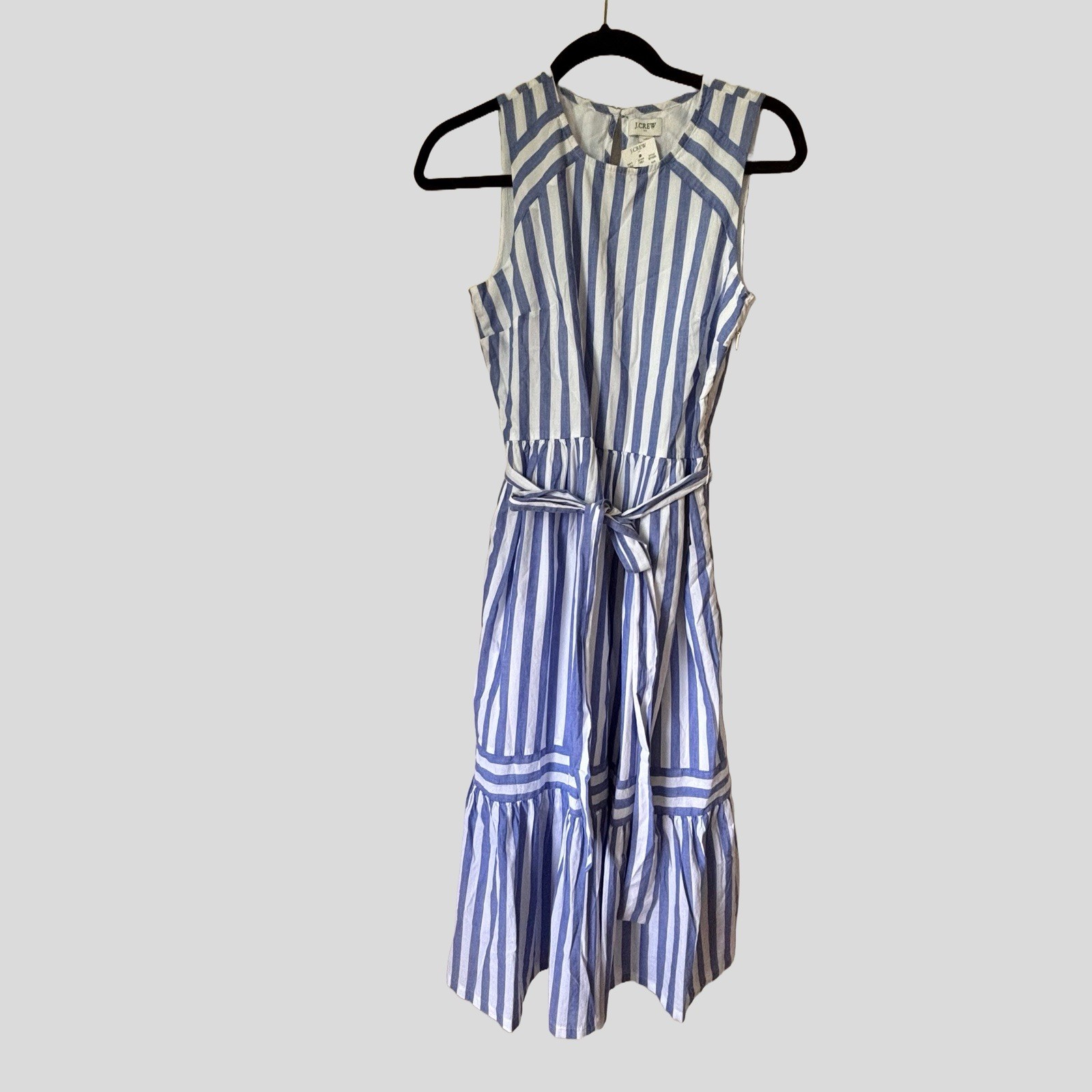 J. Crew Factory Womens 0 Striped Belted Sleeveless Midi Dress Pockets Sundress