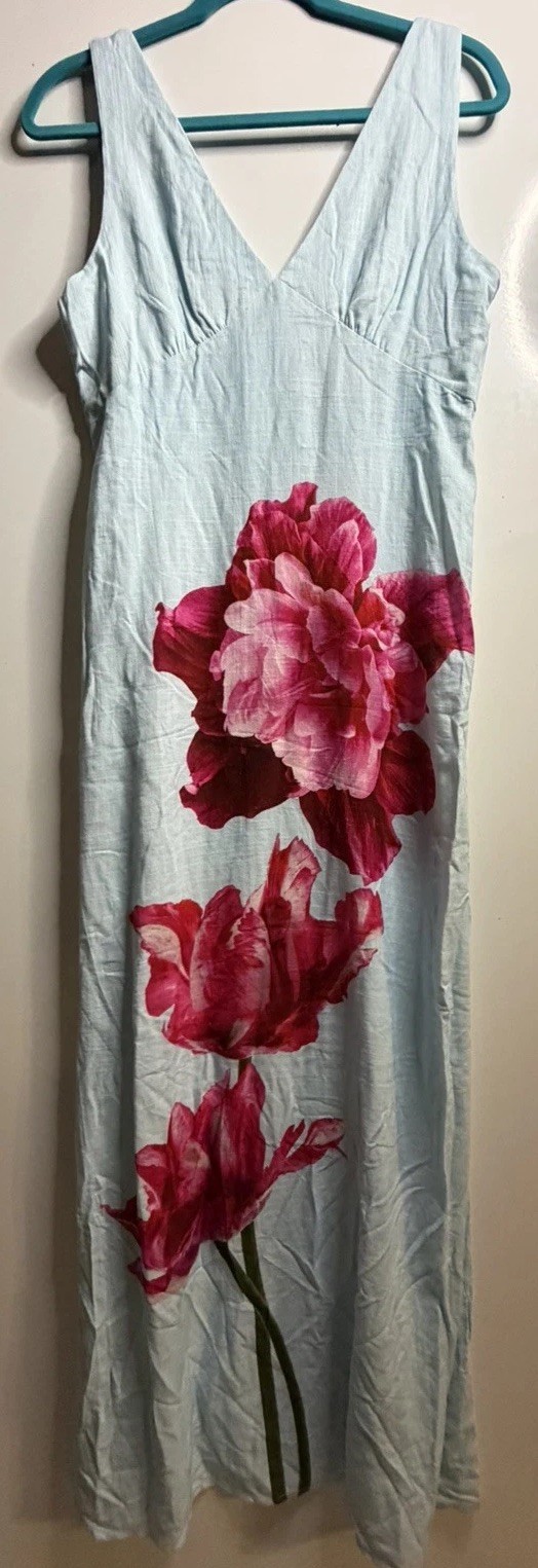 NWT Paper Heart Linen Blend Blue Pink Floral Maxi Sleeveless Dress Size M