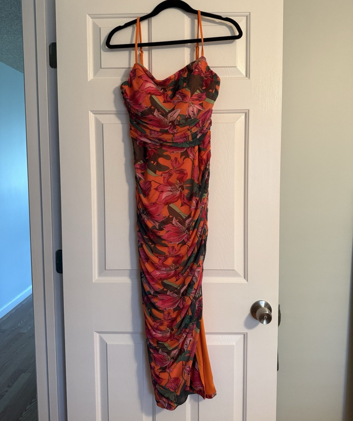 Express Floral Ruched Mesh Long Bodycon Dress Spaghetti Strap Lined M