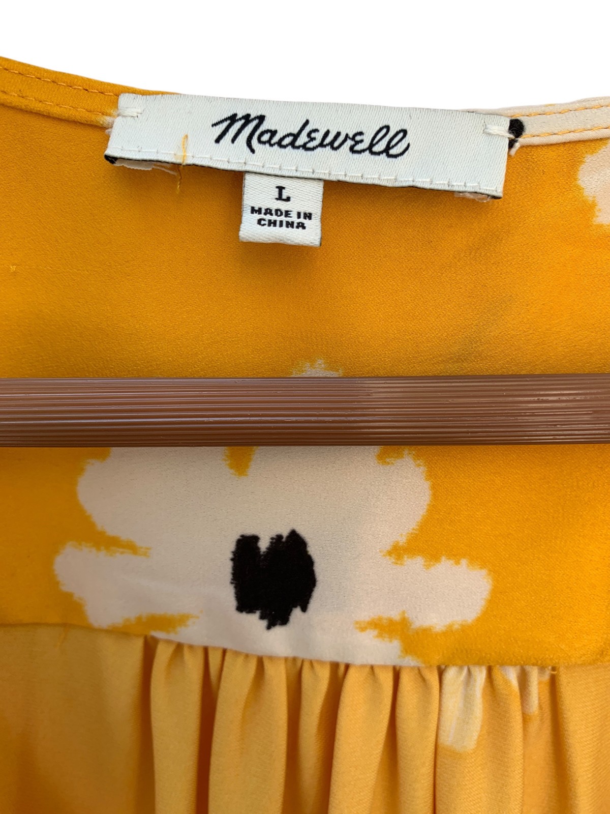 MADEWELL Puff Sleeve Wrap Dress Ikat Floral Midi Boho SZ LARGE Yellow