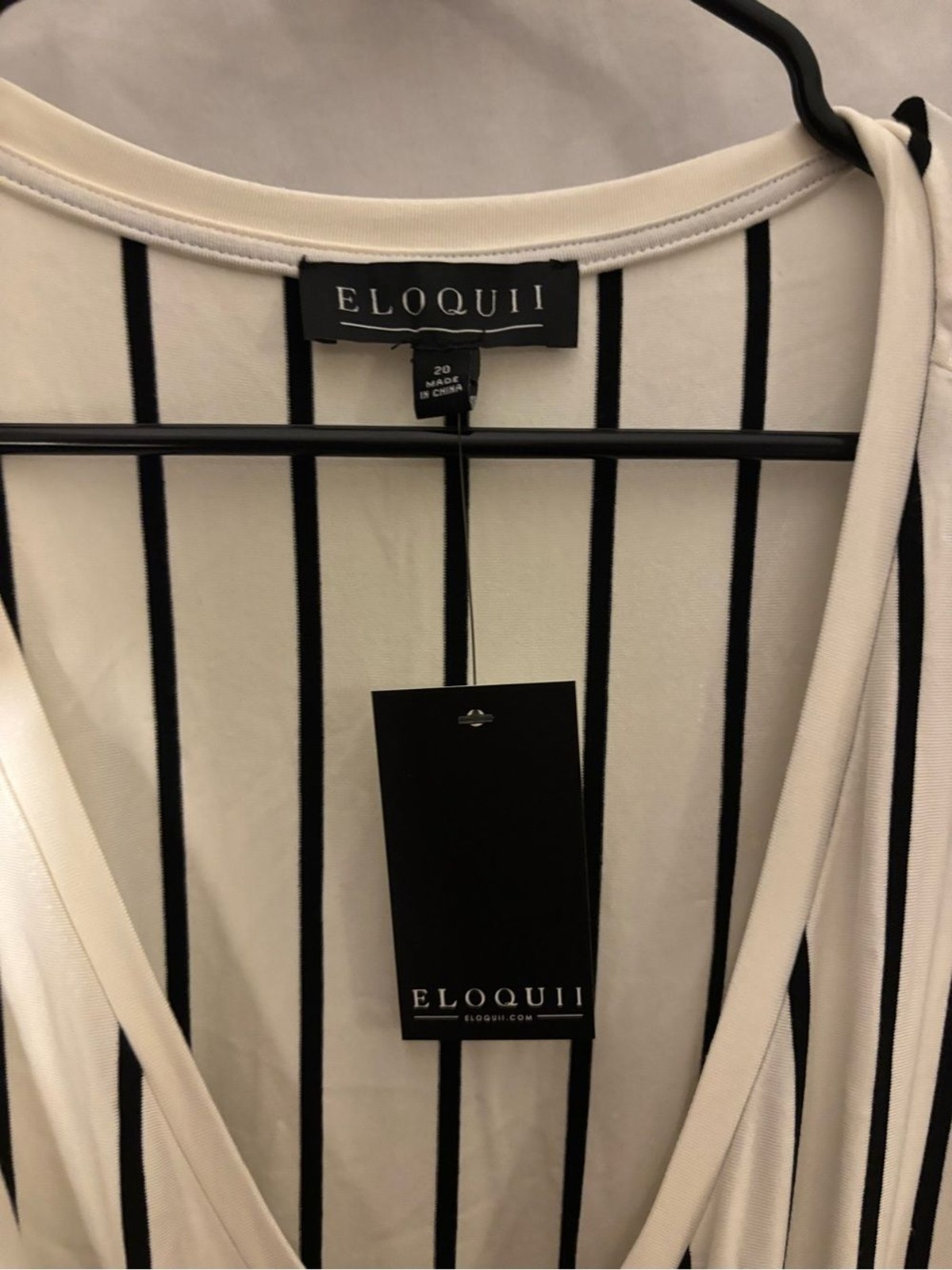 Eloquii Cream Dress with Black Vertical Stripes and Wrap Tie