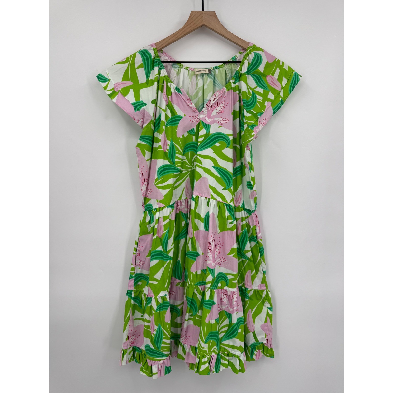 Maude Vivante Dress Womens XL Green Pink Floral Cotton Tiered Ruffle Pockets