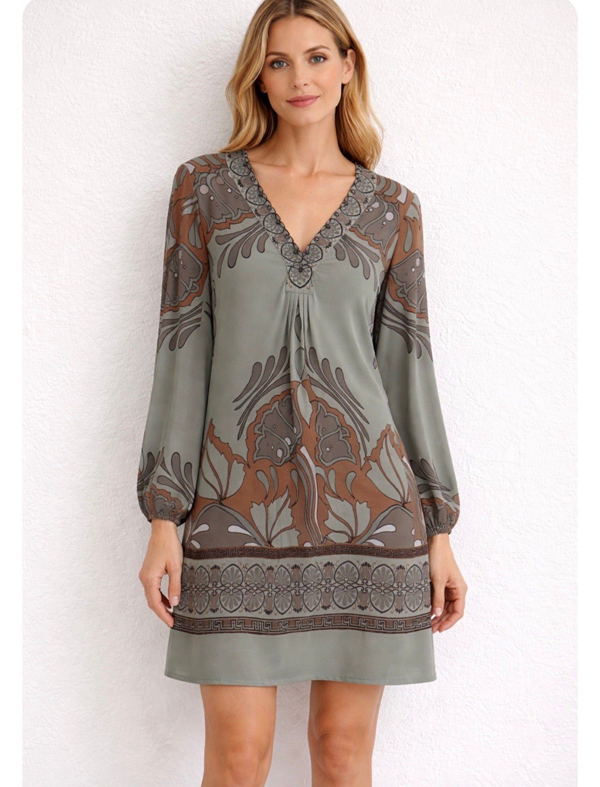 HaleBob Silk Tunic Dress Grey Brown Floral Paisley Beaded V-Neck Boho Size M