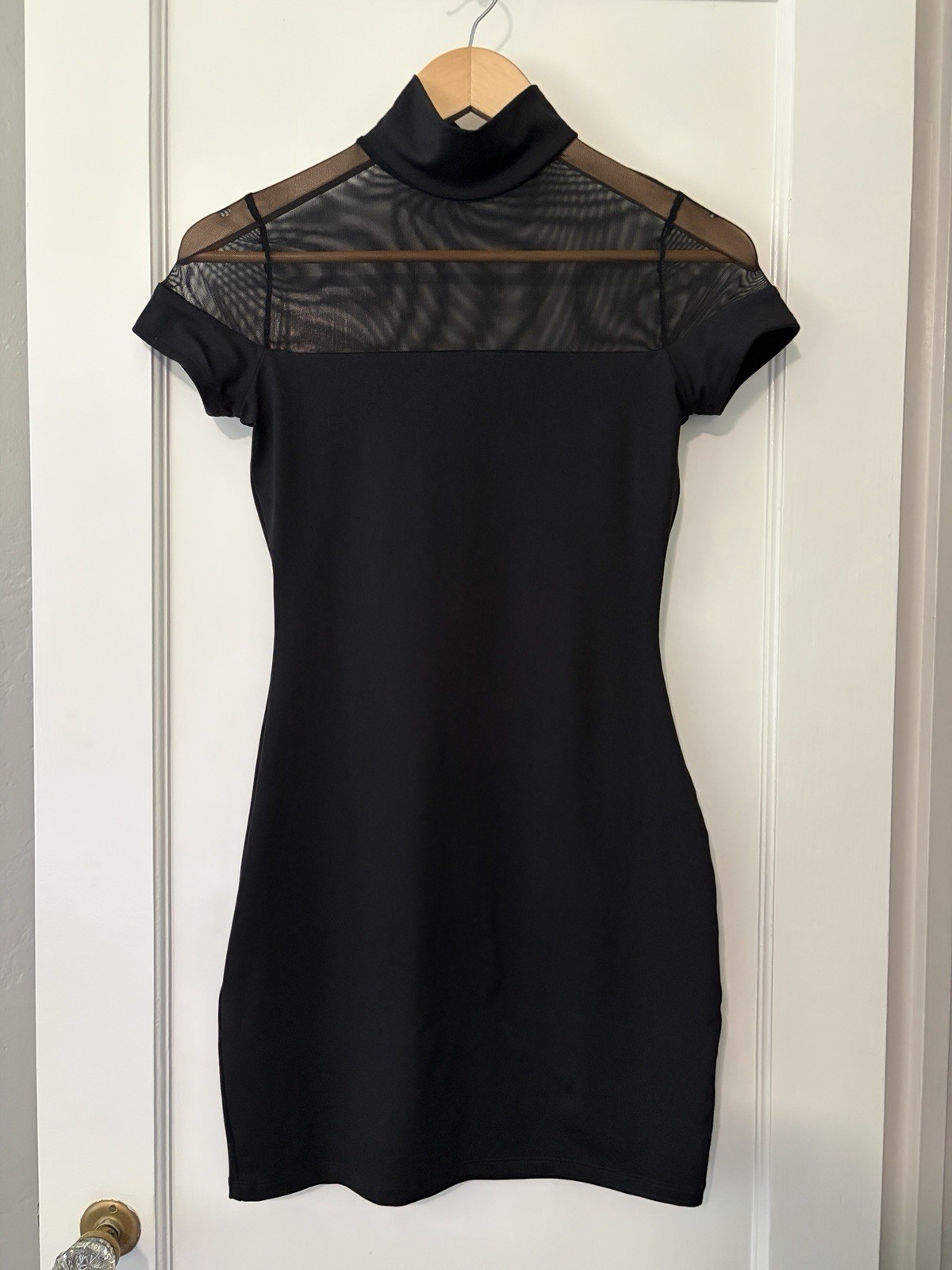NWT Susana Monaco XS Black Mesh Mock Neck Bodycon Mini Dress Sheer LBD Made USA