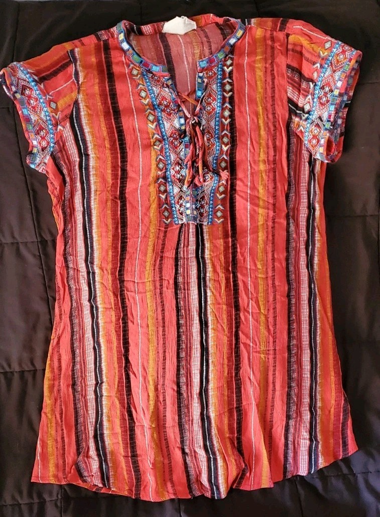 Savanna Jane Embroidered Lace Up Tunic Dress Large Serape Print Boho
