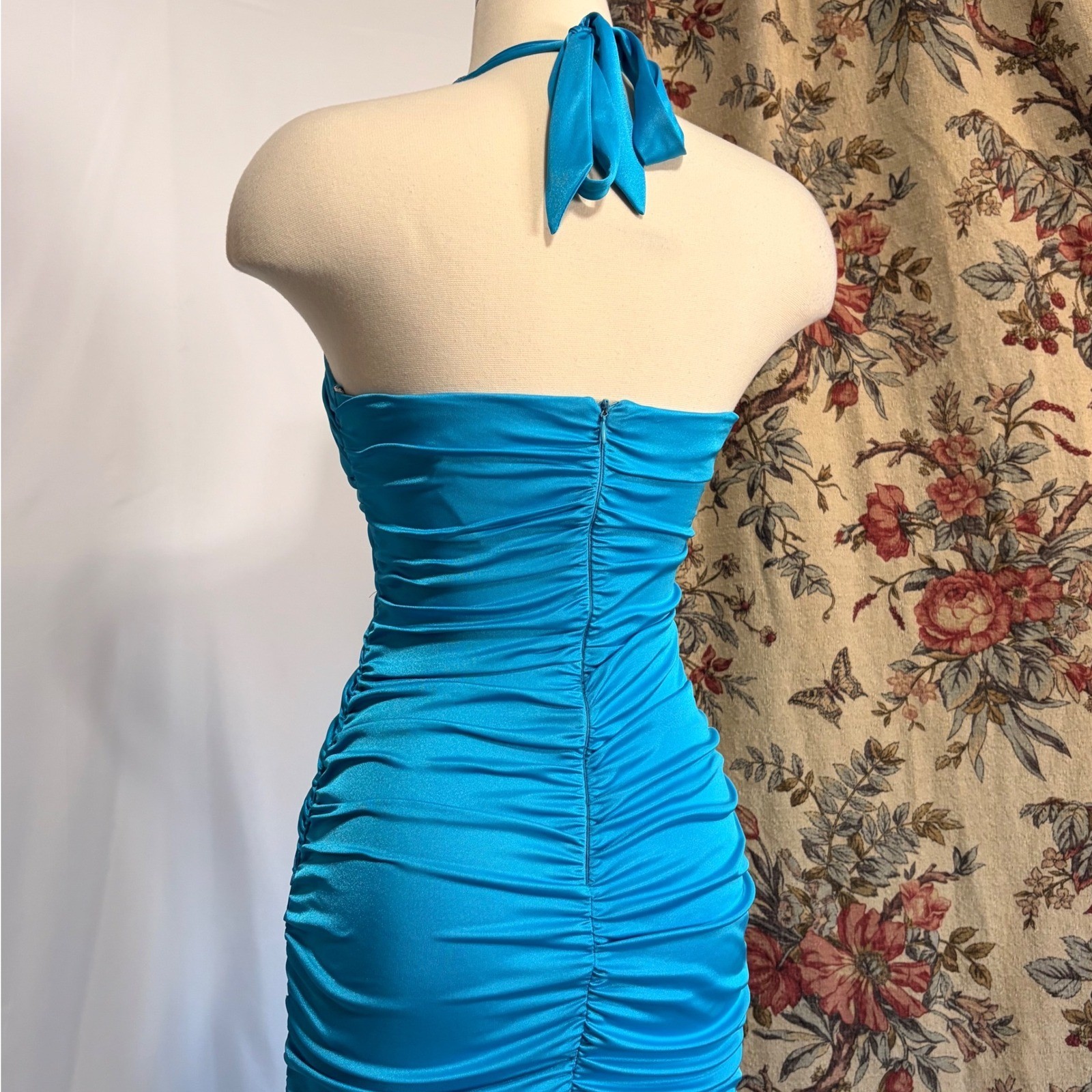 CITY TRIANGLES Turquoise Beaded Halter Ruched mermaid style gown silver detail