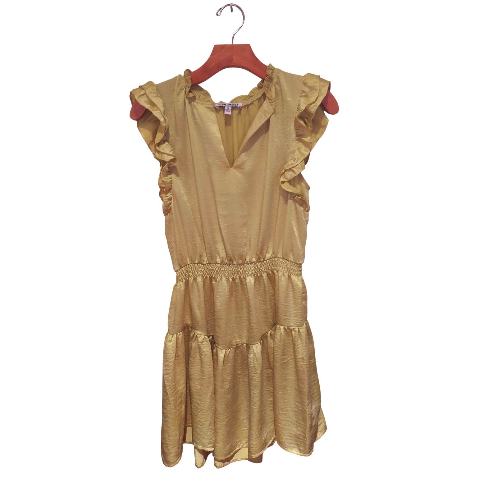 Steve Madden Prairie Dreams Chartreuse Ruffle V-Neck Smocked Mini Dress Womens S