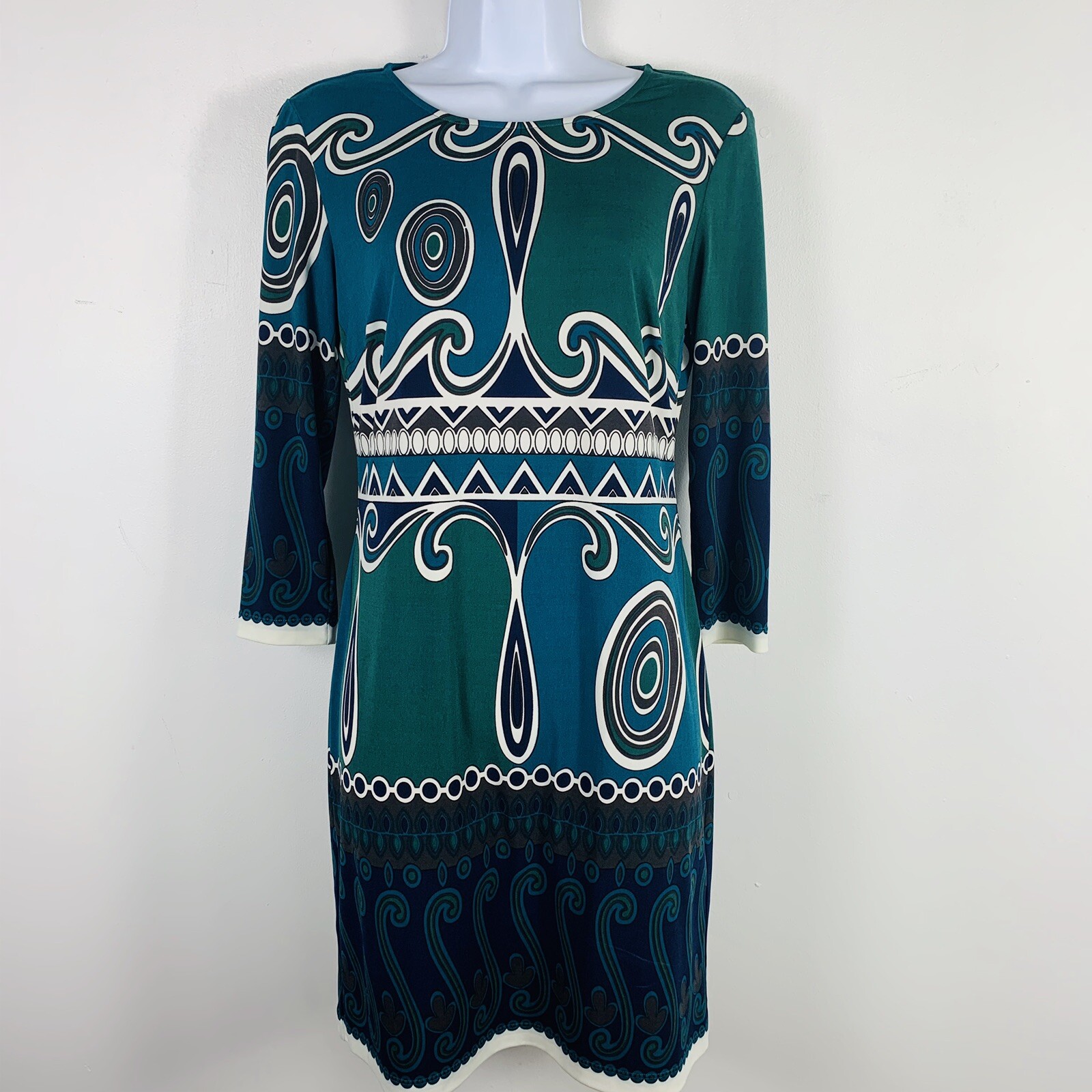 Ali Ro Womens Dress size 2 Blue Green Geometric Long Sleeve Lightweight Stretch