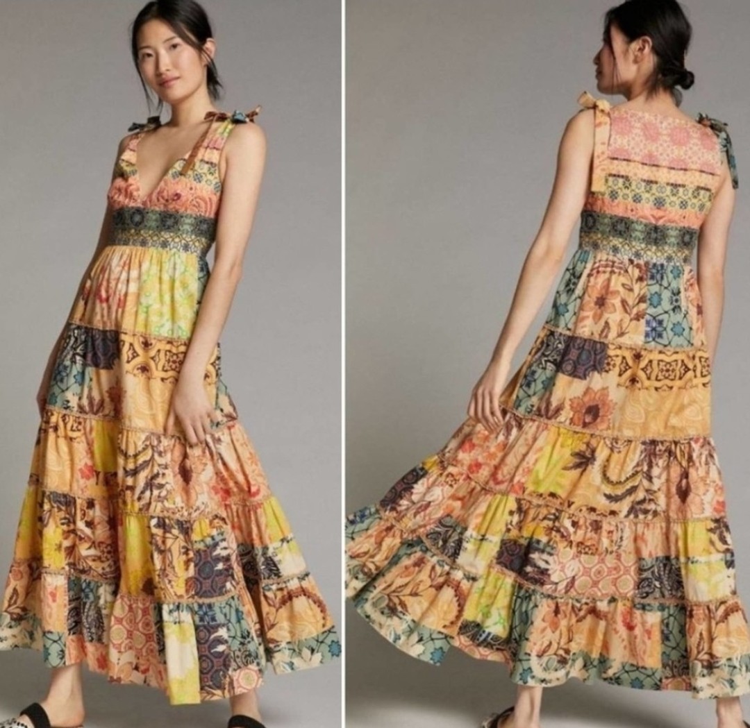 Anthropologie‎ Rosalinda Geisha Designs Patchwork Maxi Dress, V-neck, Tiers, SM