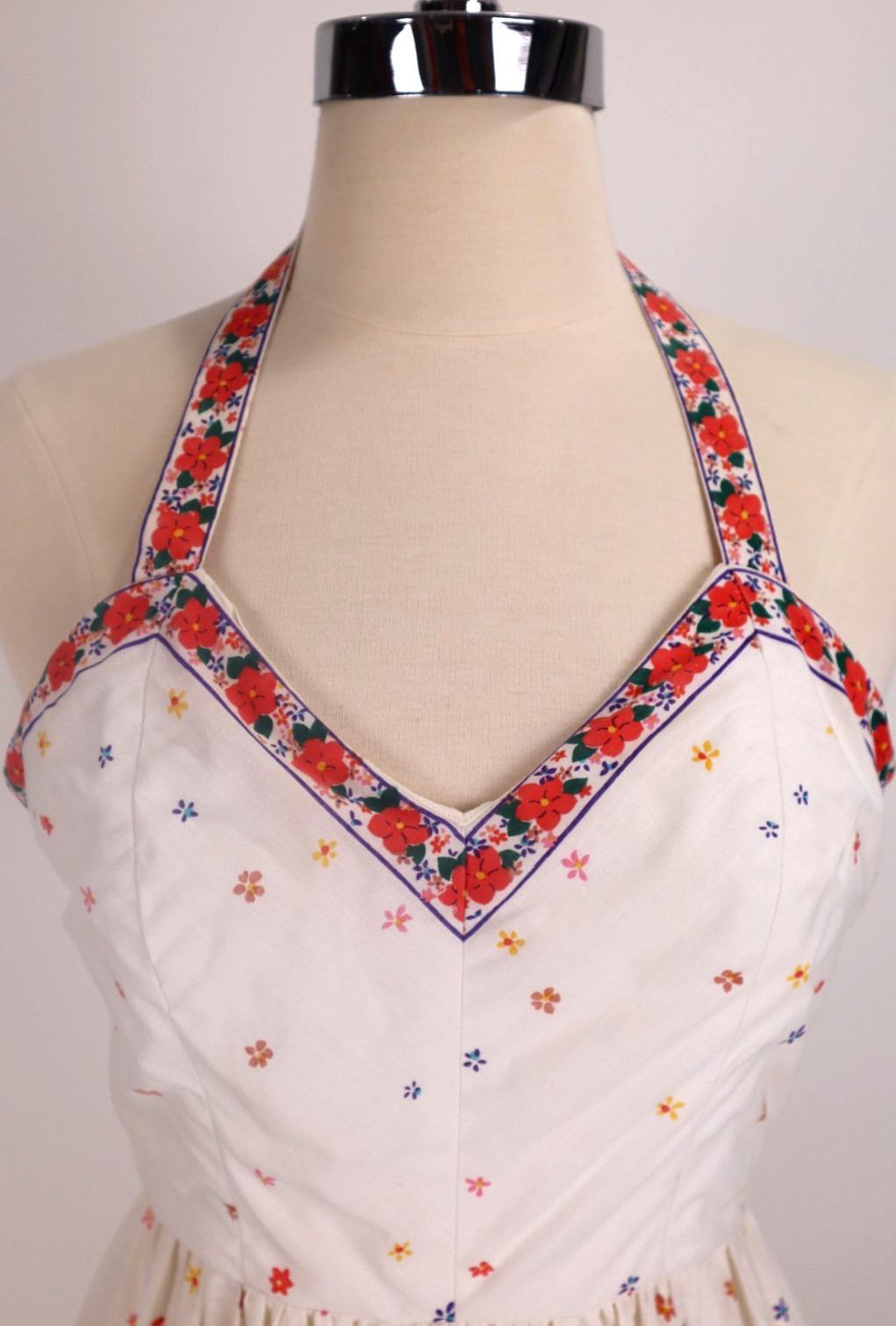 🌺 Vtg Victor Costa Prairie Boho Hippie Floral Holter Dress Garden Party Cottage