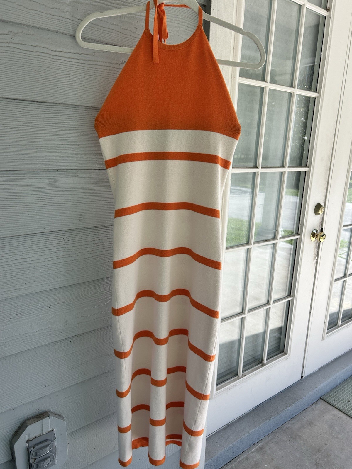 Lulus Orange & Ivory Stripped Knit Fitted Halter Midi Dress XS Y2K summer Beach