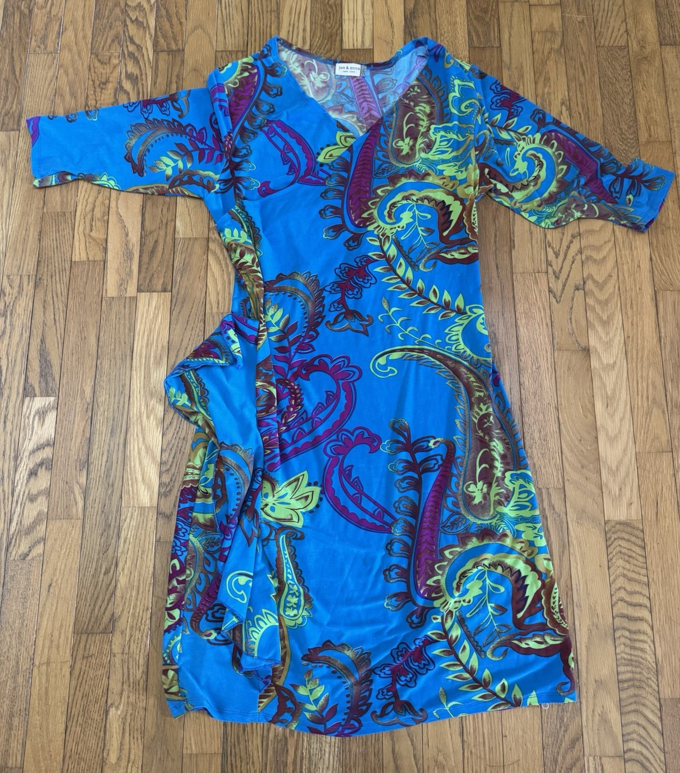jon & anna Women’s M Blue Paisley V-Neck 3/4 Sleeve Shift Knee Length Dress