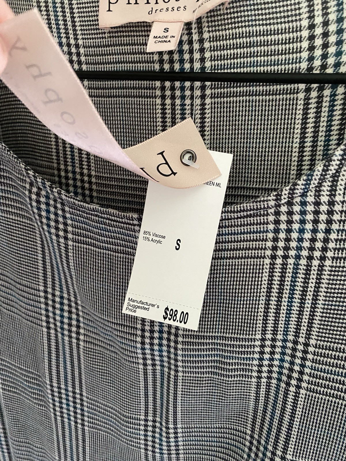 Philosophy black and white plaid shift dress with blue green stripes