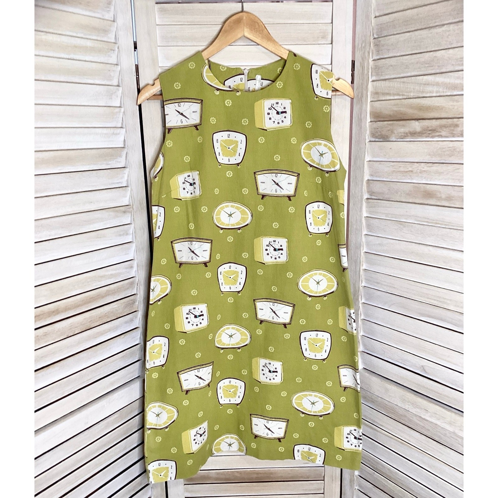 Vintage Retro Mod Atomic Clock Print Green Cotton Shift Mini Dress M Spain