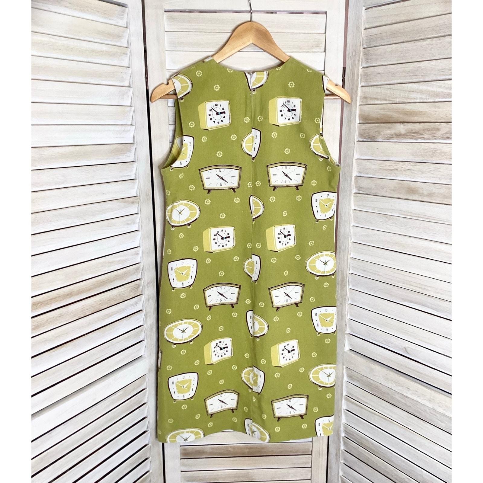 Vintage Retro Mod Atomic Clock Print Green Cotton Shift Mini Dress M Spain