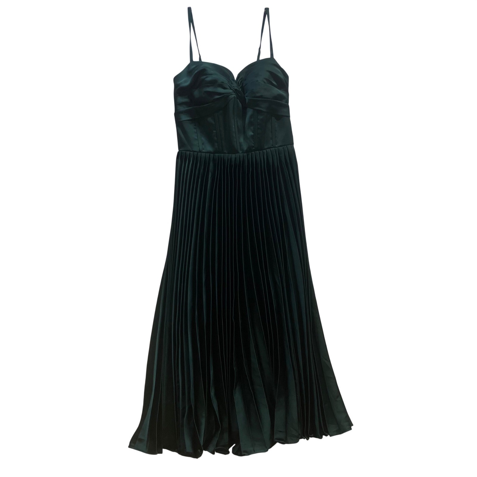 Emerald Green Satin Corset Midi Dress Pleated Lace Up Back Formal SZ 4 Victorian