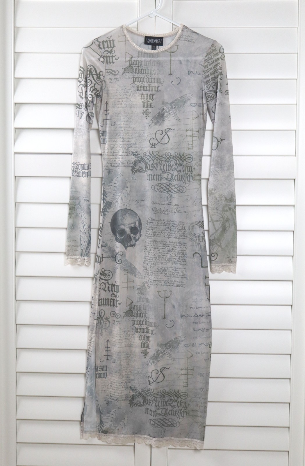 WIDOW Dolls Kill NWT Stretch Sheer Mesh Spell Skull Lace Trim Maxi Dress Size XS