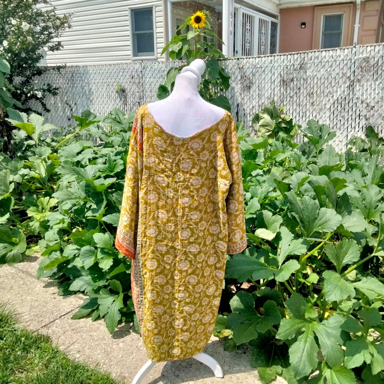 Handmade KANTHA Lounge Tunic Style Dress Free Size Boho Green Sunflower Print