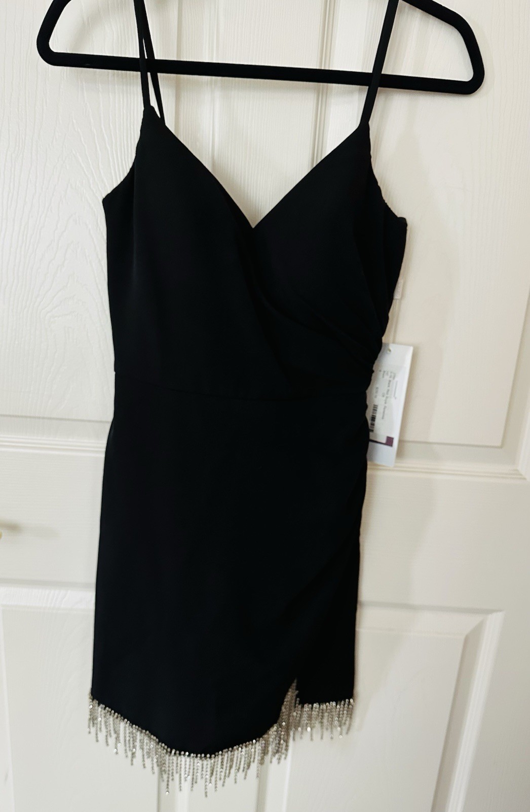Colors Brand Black Strappy Cocktail Dress with Rhinestone Fringe Hem Size 4 NWT