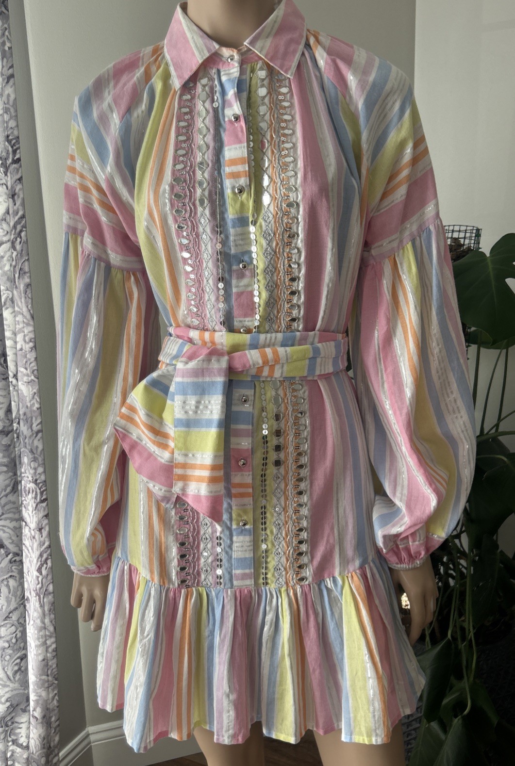 NWT Miss June Paris Mini Colorful Striped Boho Antonia Dress Long Sleeve O/S