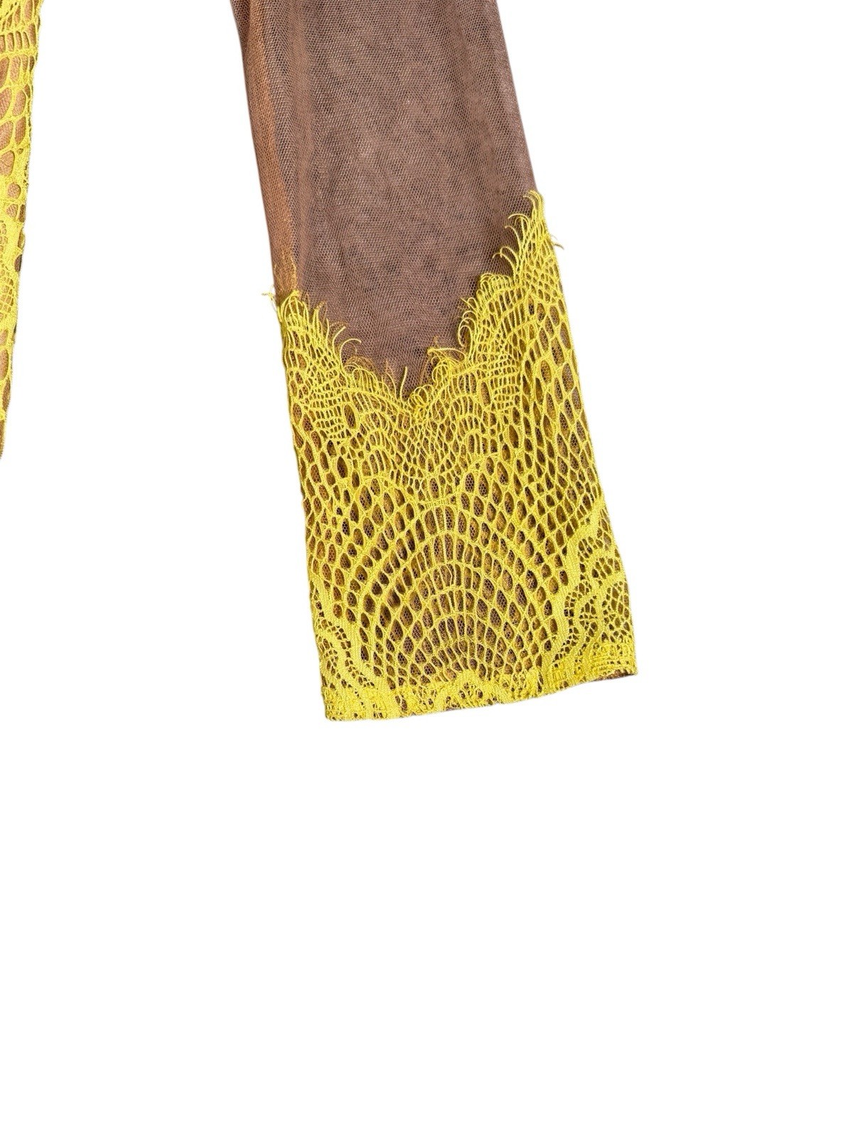 Women’s Lace Overlay Sheer Mesh Mini Dress V-Neck Long Sleeve Yellow Nude Size M