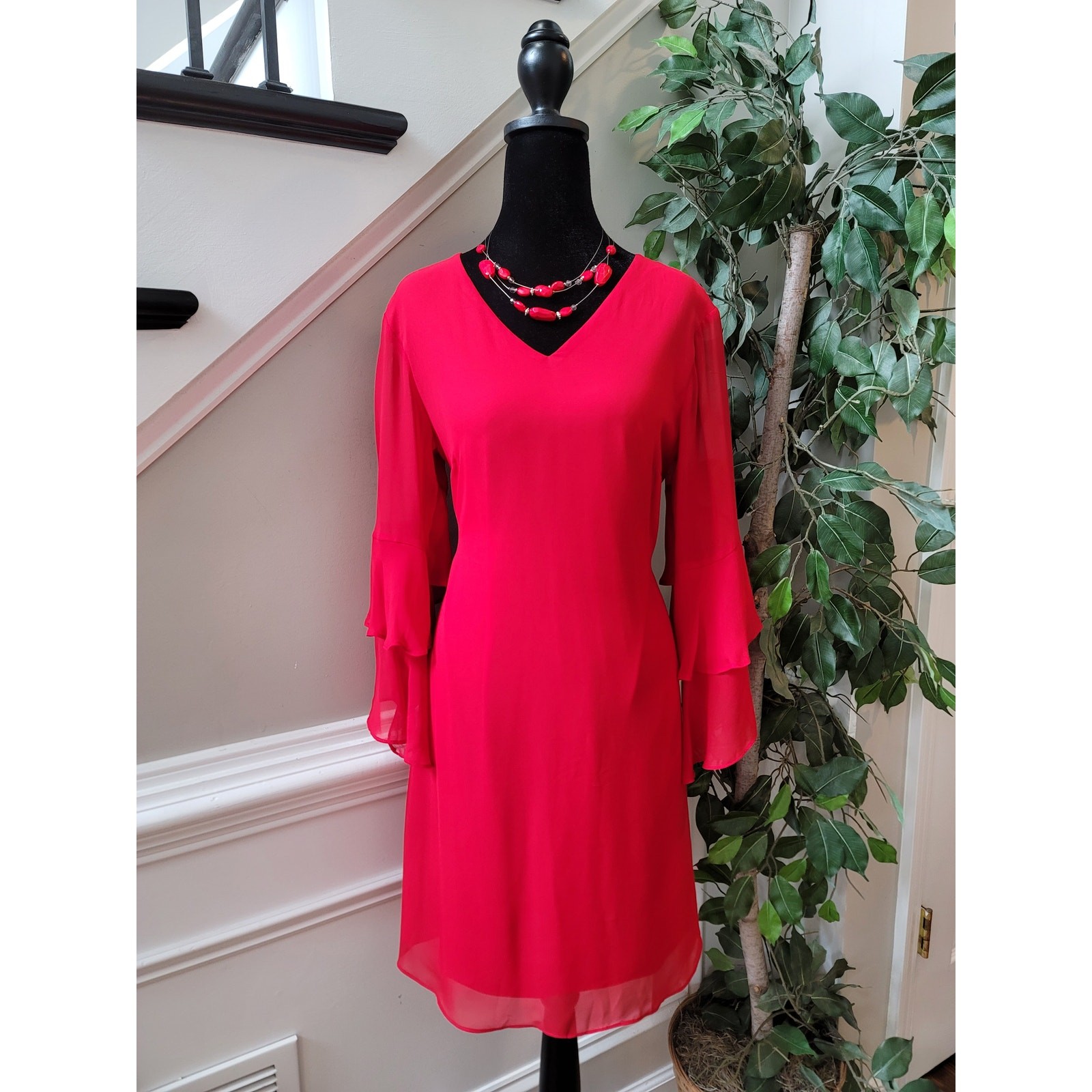 International Concepts Shirt Dress Women’s Size 8 Red 100% Polyester Long Sleeve